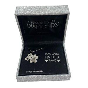 Love Walks on Four Paws Dog Bone + Paw 16" S/S Necklace Diamond 1/10 ct NWT $150